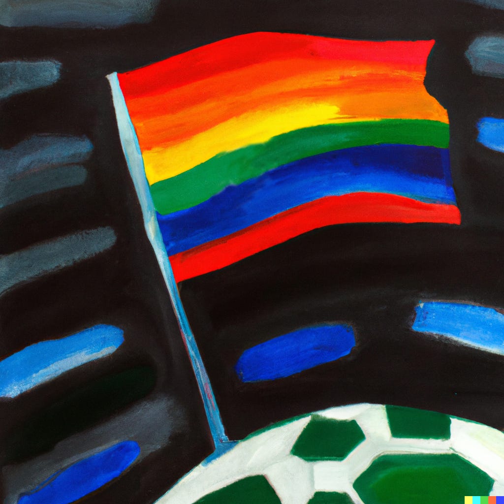 Against a dark background, in the bottom right hand corner, there’s part of a white ball with dark green hexagons on it (like a football) and out of that circle there’s a big rainbow flag. Around the flag there are sections of blue.
